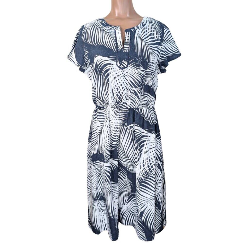 Liz Claiborne Small Blue Tropical Print Short Sleeve Linen Blend Dress